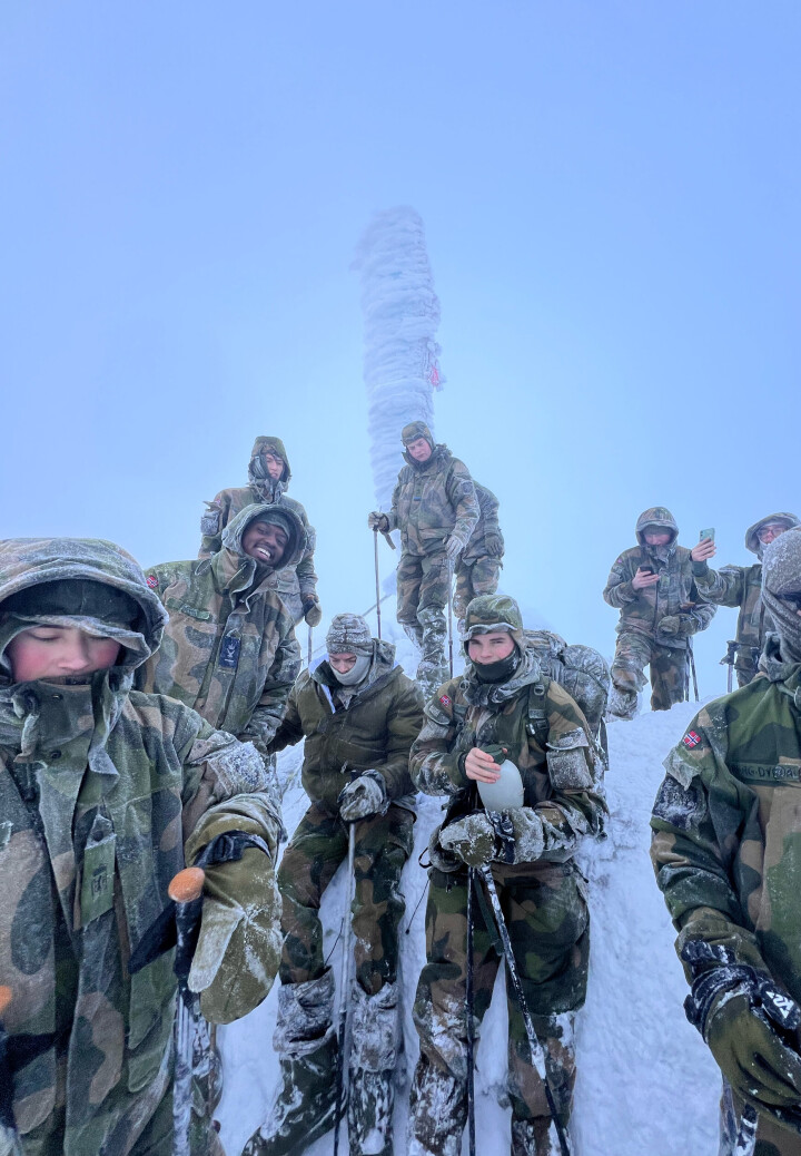 GAUSTATOPPEN: Et av turens høydepunkter var da vi endelig kom fram til 1883 moh Men utsikten var ikke noe særlig å skryte av. Alt var hvitt, i alle retninger.