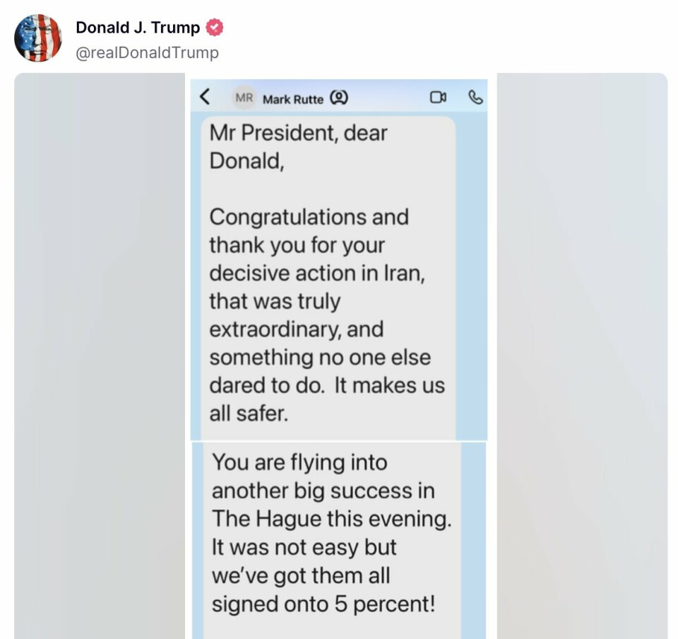 MELDING: Dette er meldingen fra Mark Rutte, som Trump offentliggjorde på Truth Social.