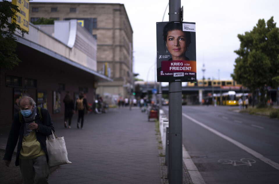 DELT: Splittelser i Sarah Wagenknechts parti om den russiske militære trusselen. I 2024 kjempet partiet om stemmer til Europaparlamentet, på en valgplakat i Berlin, Tyskland, torsdag 30. mai 2024.
