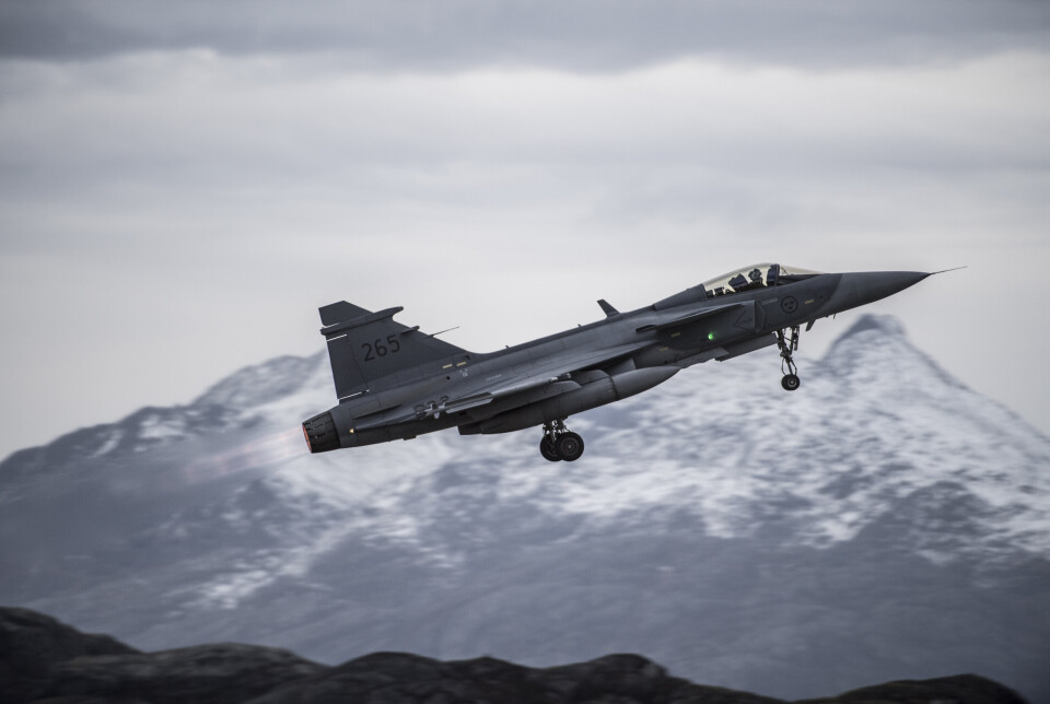 GRIPEN: Et JAS 39 Gripen fra det svenske luftforsvaret tar av fra Bodø lufthavn under øvelsen Trident Juncture 2018.
