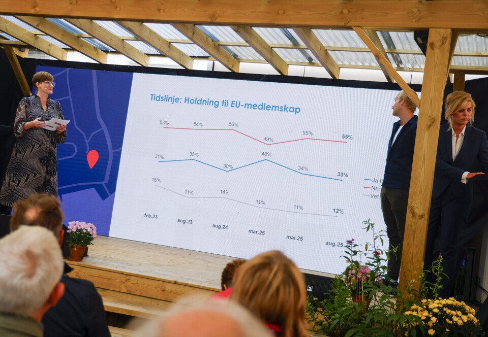 STABILE TALL: Holdningen til EU-medlemskap hadde en endring i mars i år, men nå er holdningene tilbake der de normalt har vært. Veslemøy Østrem, sjefredaktør i Altinget, presenterte den ferske meningsmålingen med Martin Stubban fra Opinion og Jette F. Christensen, Europa- og sikkerhetsanalytiker, og kommentator i Altinget.