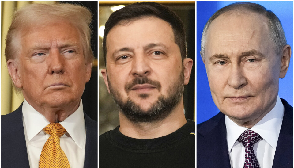 FILE - In this combination of file photos, U.S. President Donald Trump, left, and Ukraine's President Volodymyr Zelenskyy, center, are seen at the Elysee Palace, Dec. 7, 2024 in Paris, and Russian President Vladimir Putin addresses a Technology Forum in Moscow on Feb. 21, 2025.