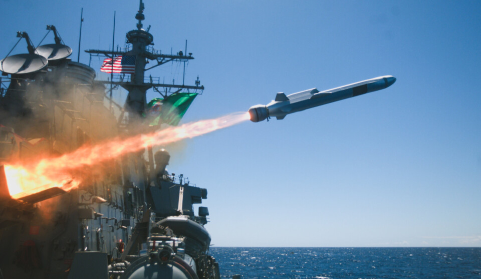 STILLEHAVET: Et NSM-missil skutt fra den amerikanske jageren USS Fitzgerald under en øvelse i Stillehavet i 2024.