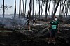 Personer bruker slanger for å slukke små branner i et svidd skogsområde i Souge.